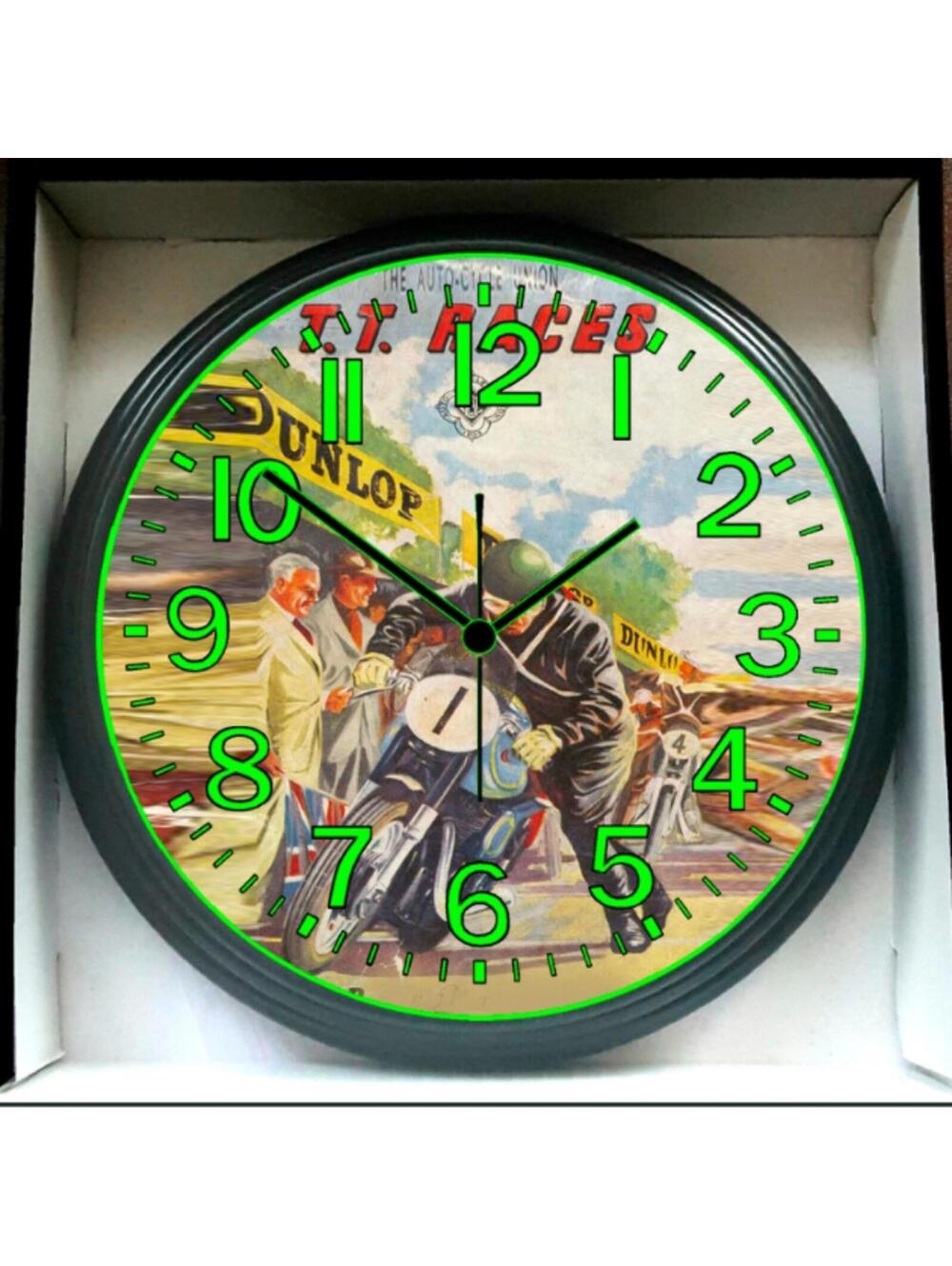 Dunlop Motorcycle Racing Glow In The Dark Wall Clock New!